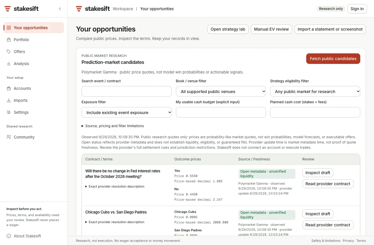 Stakesift's public research workspace with opportunity search, source context, and calculation tools.